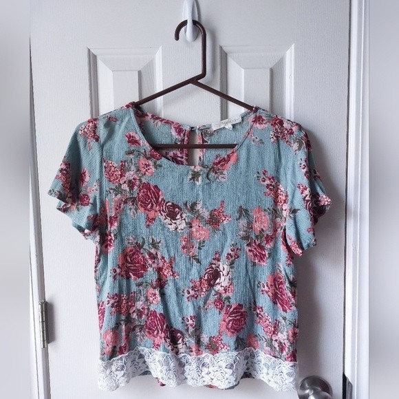 Rewind Tops - Rewind - Green & Pink Floral Lace Blouse